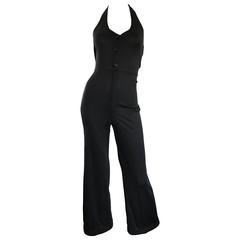 1970s Sexy Black Jersey Flare Leg Bell Bottom 70s Vintage Disco Halter Jumpsuit