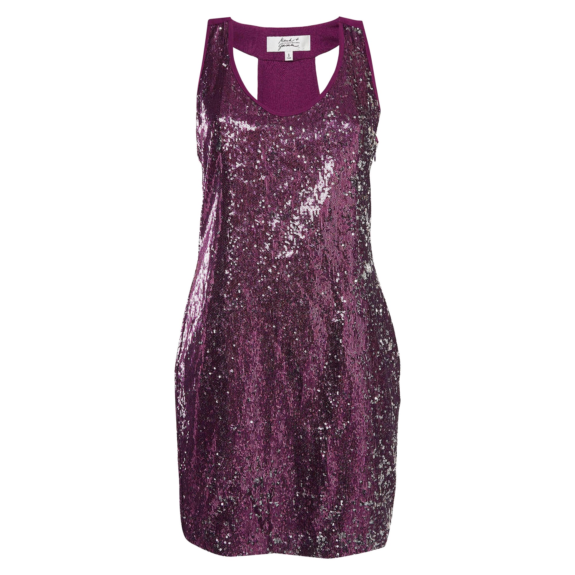 Badgley Mischka Purple Sequin Crepe Sleeveless Mini Dress S For Sale