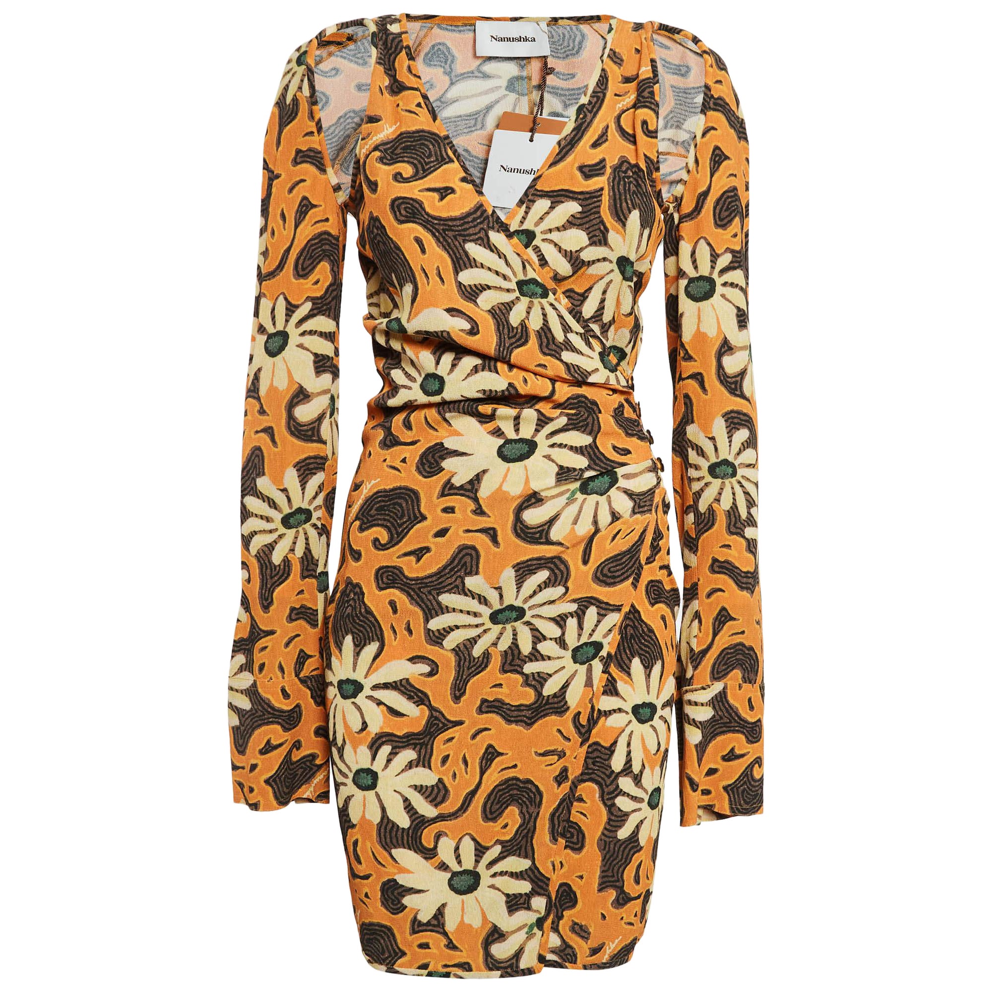 Nanushka - Mini robe portefeuille découpée en crêpe à imprimé floral orange S