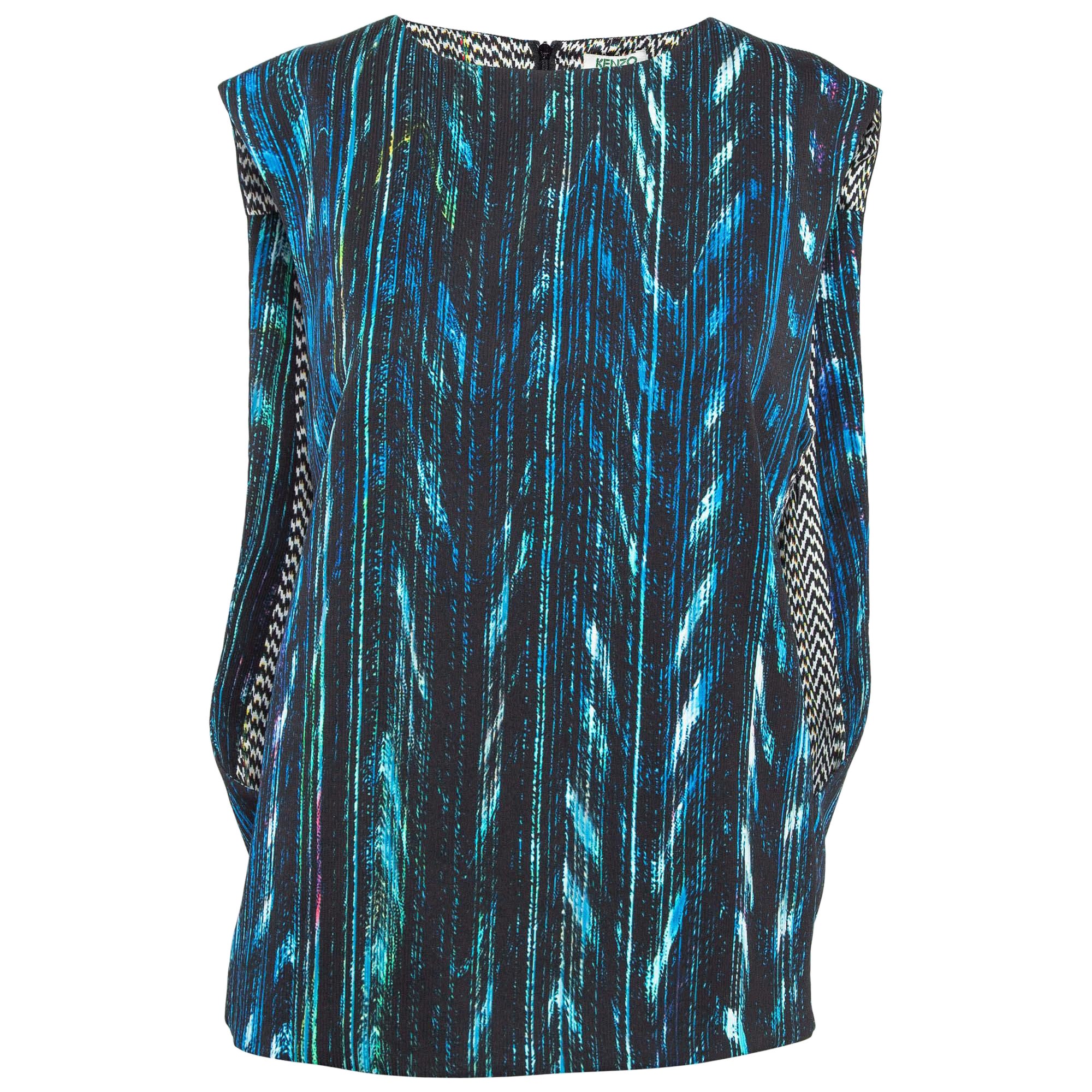 Kenzo Blue Printed Crepe Sleeveless Top M For Sale