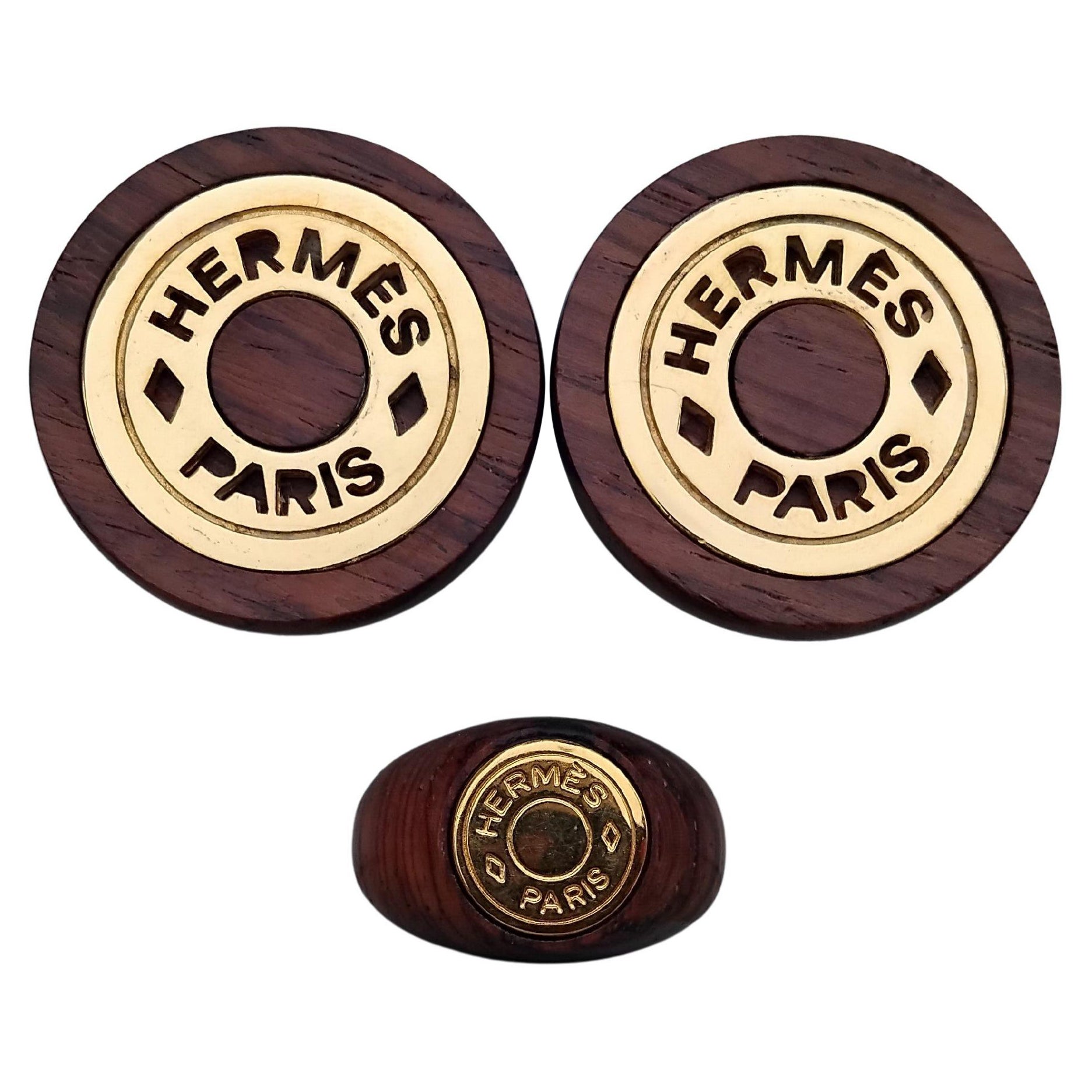 Hermès Clou de Selle Wood Golden Hdw Set di orecchini abbinati Anello