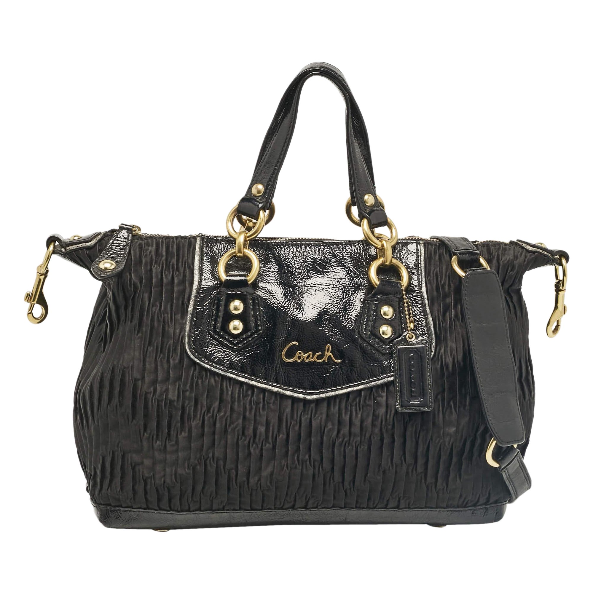 Coach Black Satin and Patent Leather Ashley Tote For Sale
