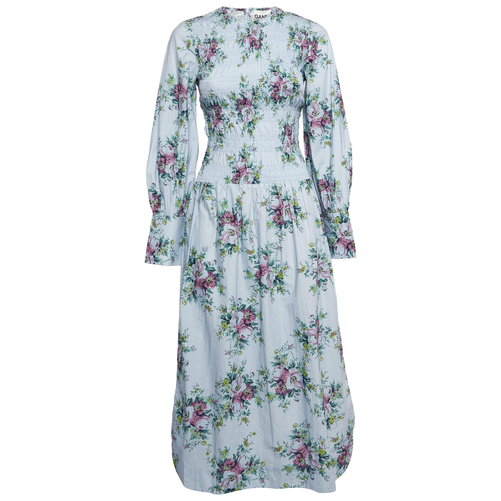 Ganni Blue Floral Print Shirred Cotton Midi Dress XS For Sale