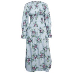 Ganni Blue Floral Print Shirred Cotton Midi Dress XS