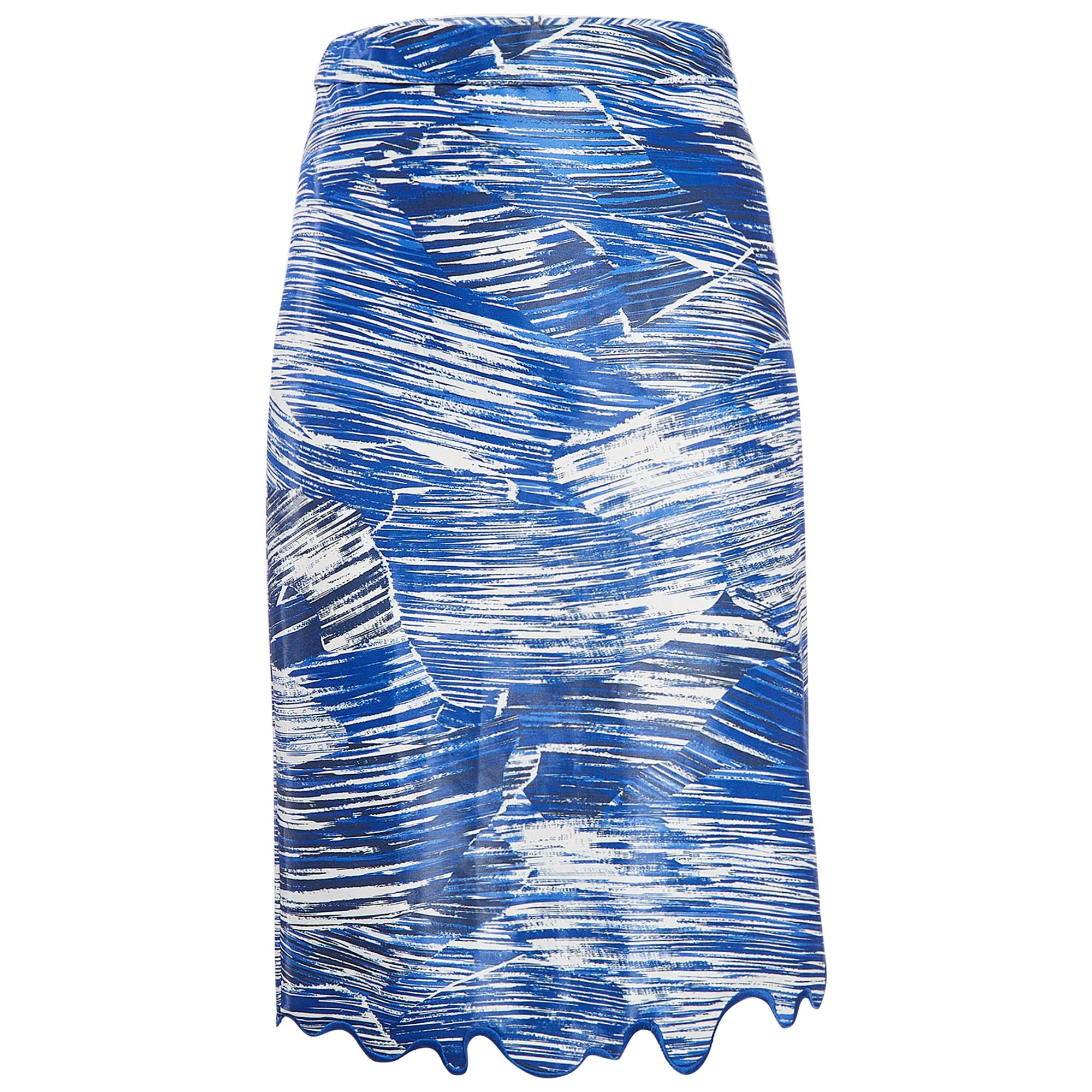 Kenzo Blue Printed Cotton Blend Embroidered Hem Skirt S For Sale