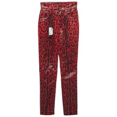 Dolce & Gabbana Red Leopard Print Denim Skinny Jeans S Waist 26"