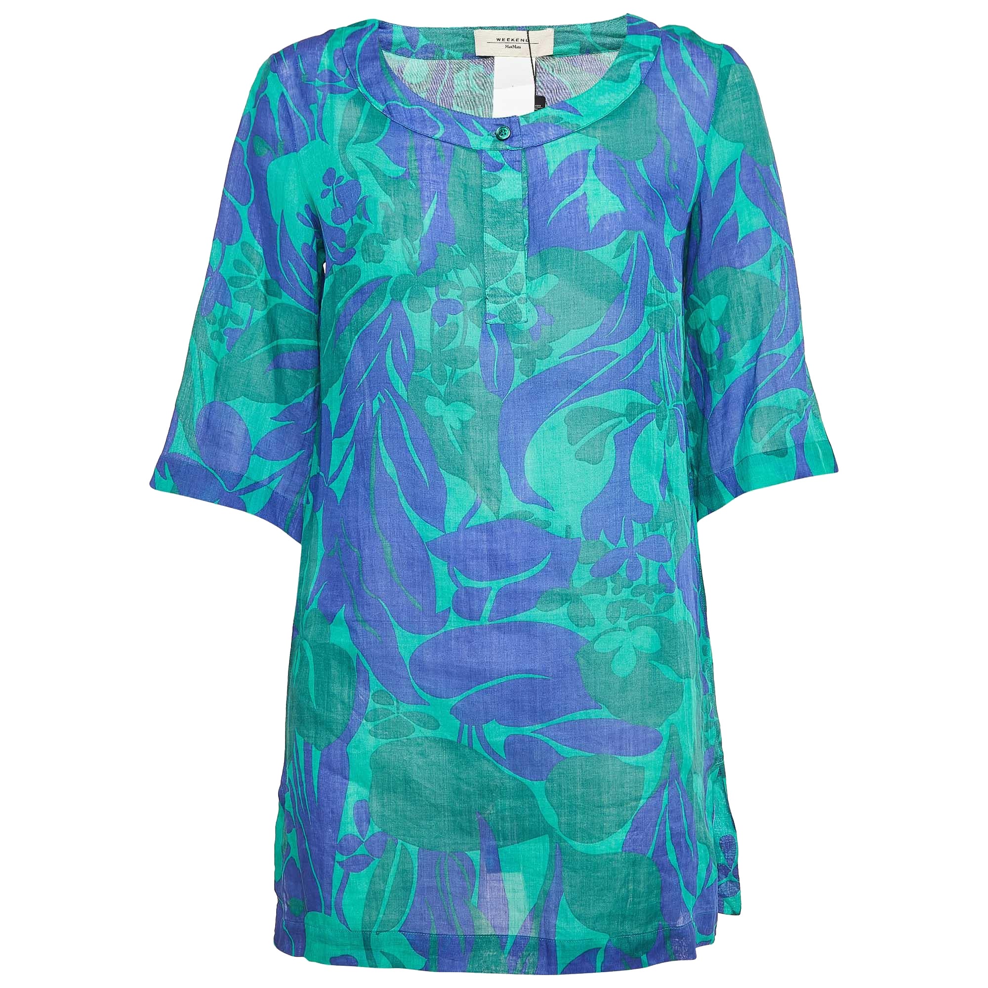 Weekend Max Mara Green/Blue Floral Print Ramie Buttoned Tunic S For Sale