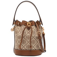 Tory Burch Brown/Beige Canvas and Leather Mini T Monogram Bucket Bag