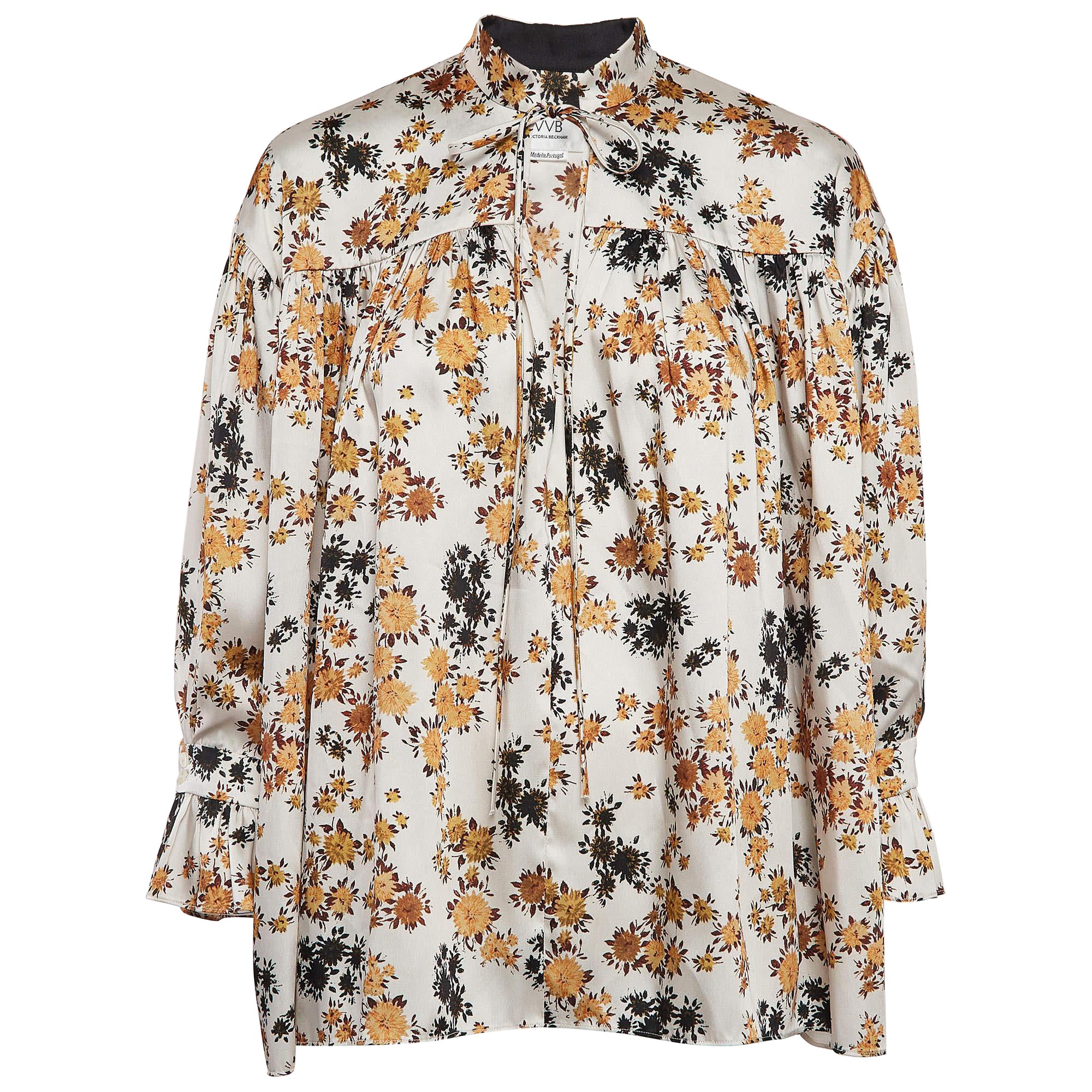 Victoria Victoria Beckham Off-White Top con volantes de satén y estampado floral S en venta