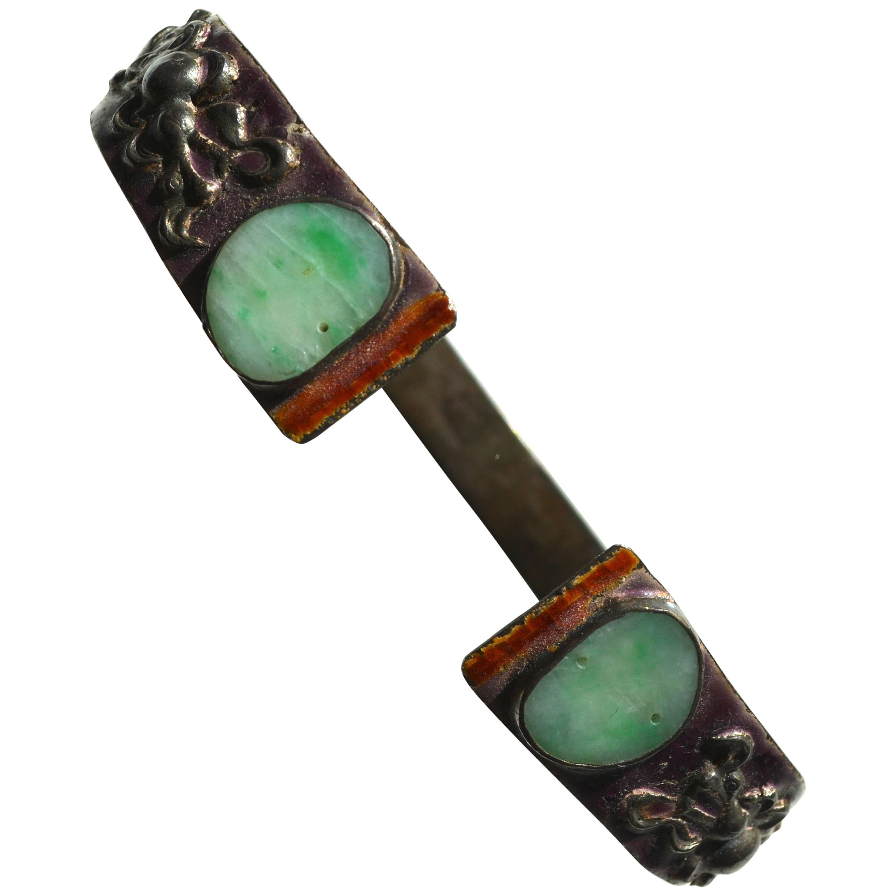1900-1930 Chinese Sterling Silver Enamel Jade Bracelet For Sale