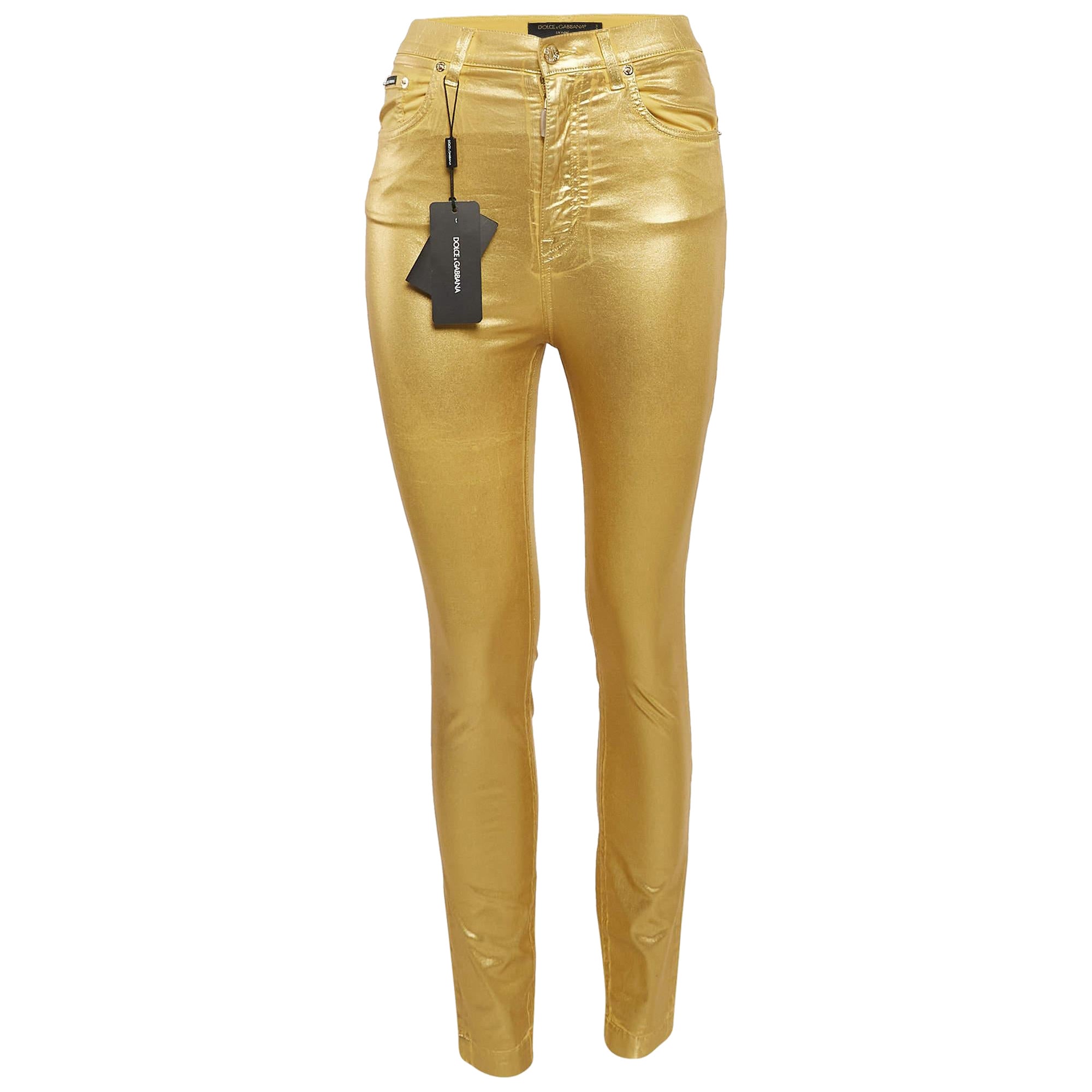 Dolce & Gabbana Metallic Gold Coated Cotton Grace Skinny Pants S