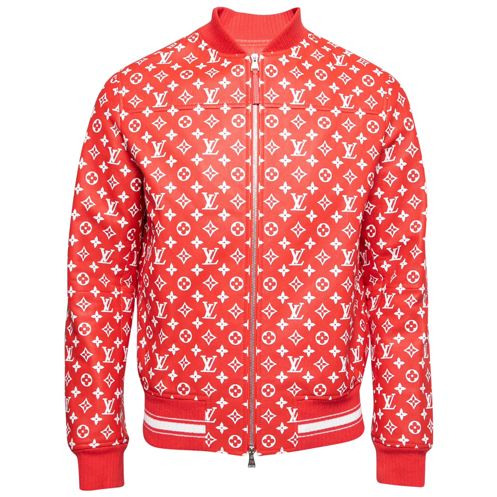 Louis Vuitton X Supreme Red Monogram Leather Bomber Jacket M For Sale