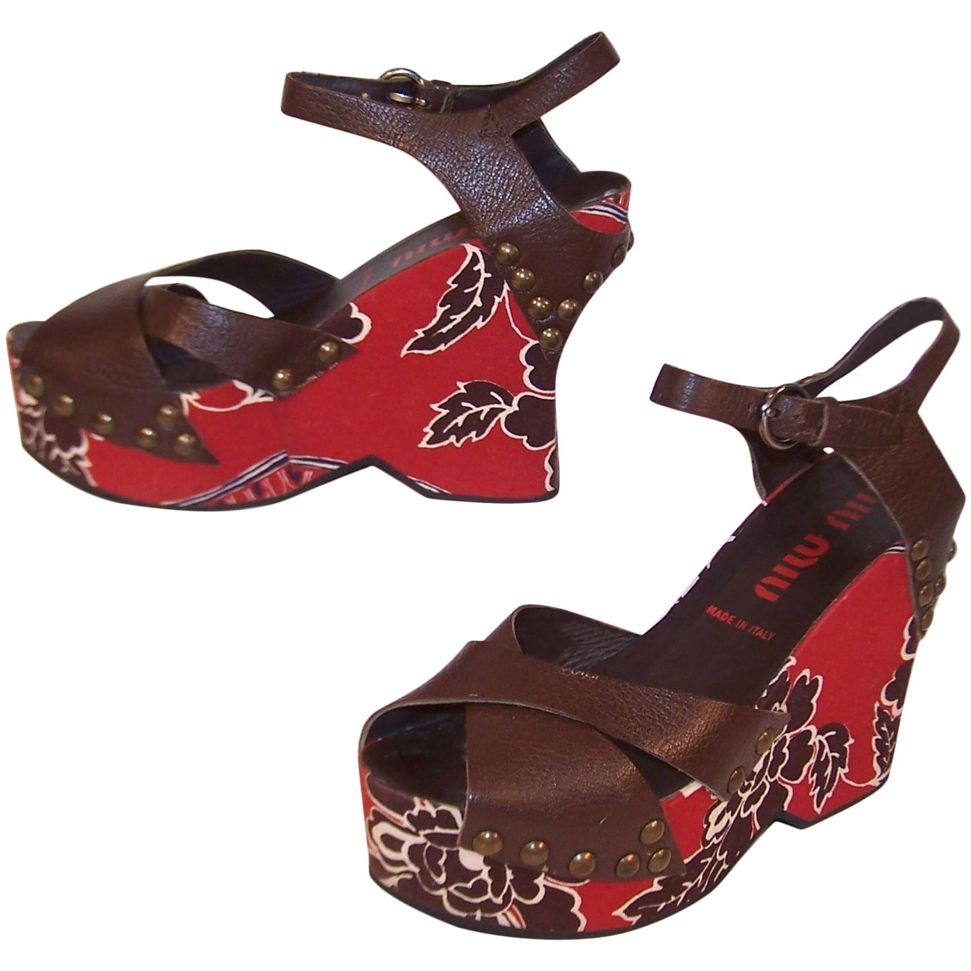 Miu Miu Platform Wedge Leather Sandals With Tropical Motif 37.5 