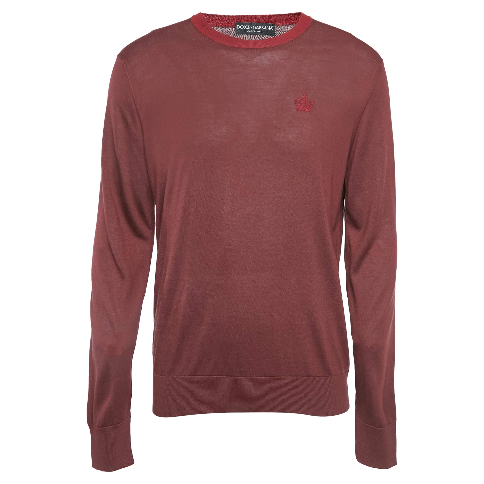 Dolce & Gabbana Burgundy Silk Knit Crew Neck Sweatshirt XL For Sale