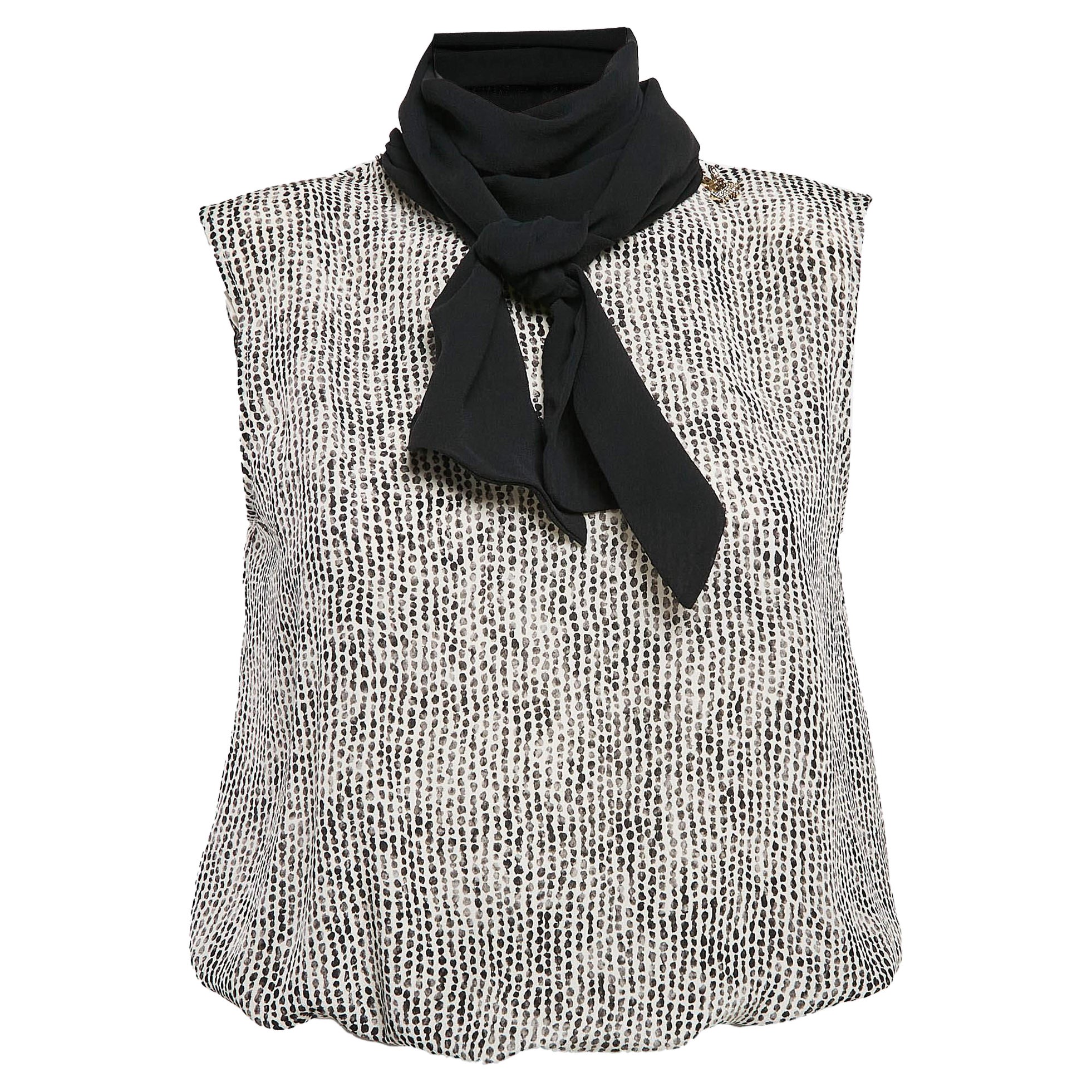 Elisabetta Franchi Black/White Printed Silk Bow Neck Top S For Sale