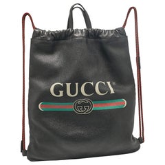 Gucci Black Leather Logo Drawstring Backpack