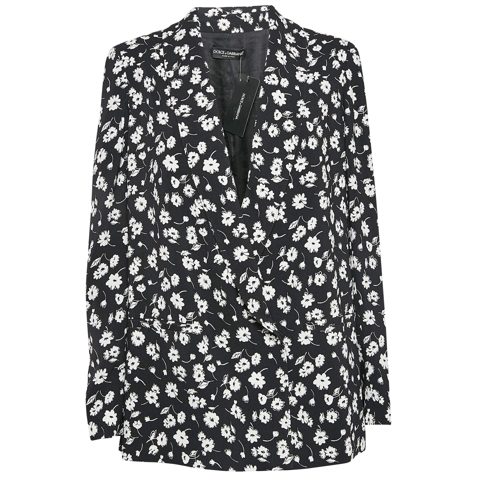 Dolce & Gabbana Black Floral Print Crepe Blazer M For Sale