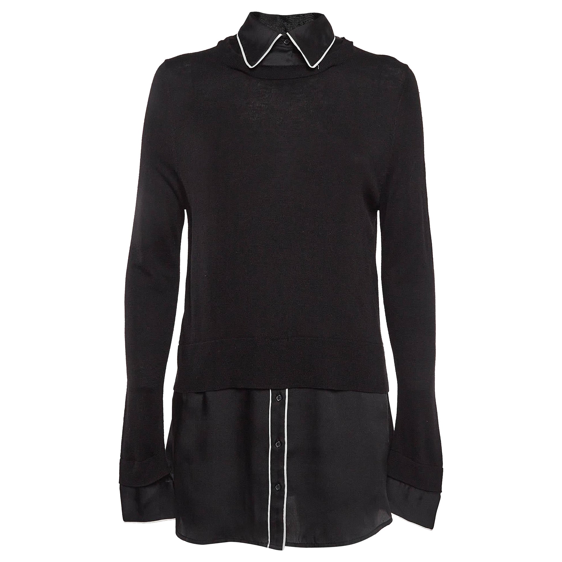 Sandro Black Knit and Satin Detachable Collar Top M For Sale