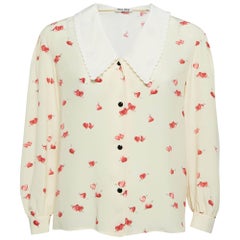 Miu Miu Yellow Heart Print Silk Scallop Trim Collar Shirt S