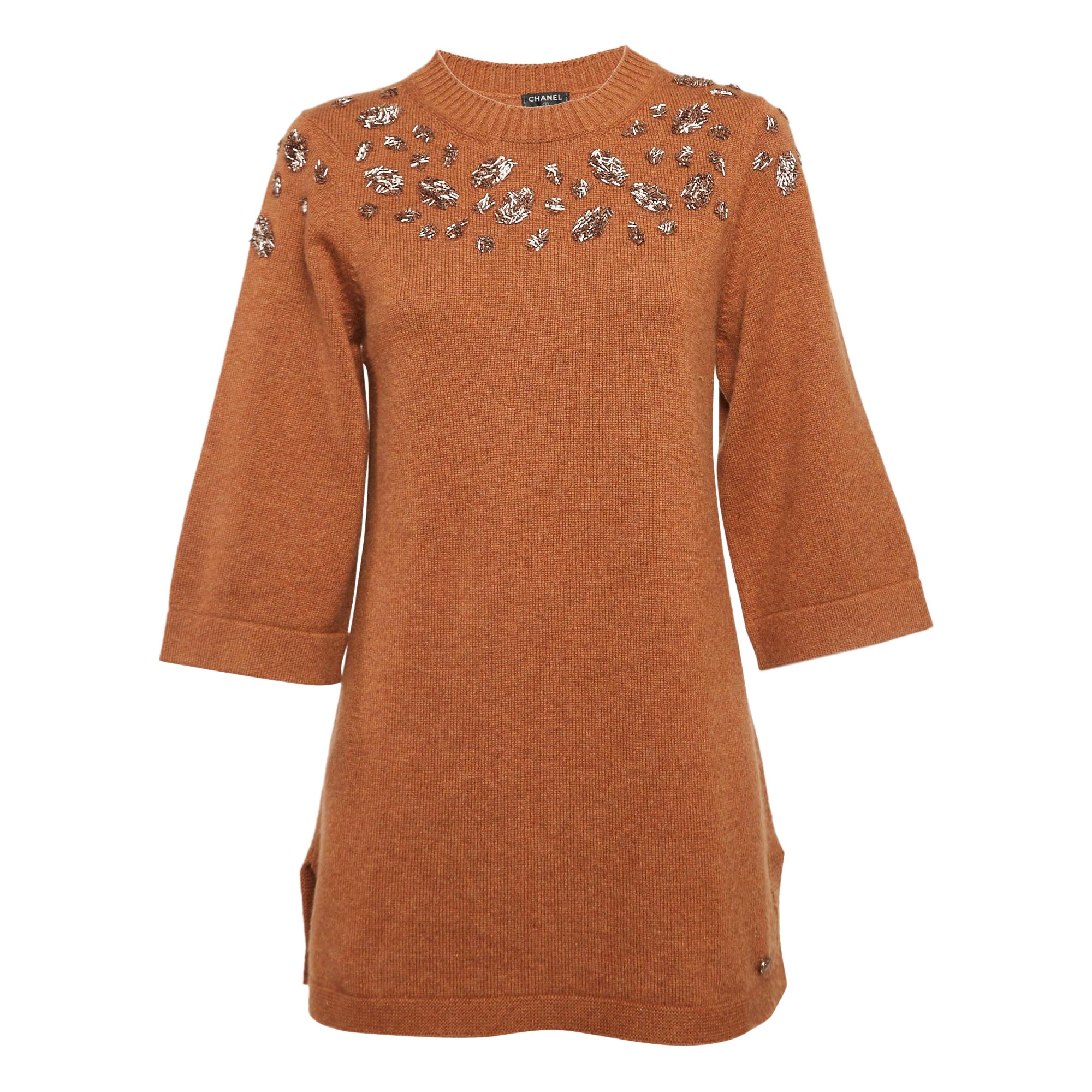 Chanel Brown Embellished Cashmere Knit Tunic Sweater M