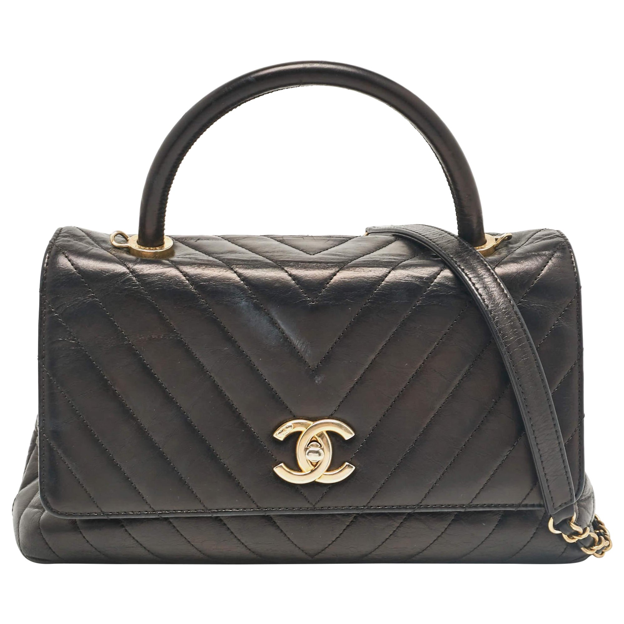 Chanel Black Chevron Leather Leather Medium Coco Top Handle Bag For Sale