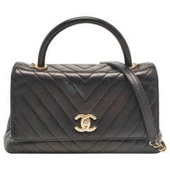 Chanel Black Chevron Leather Leather Medium Coco Top Handle Bag