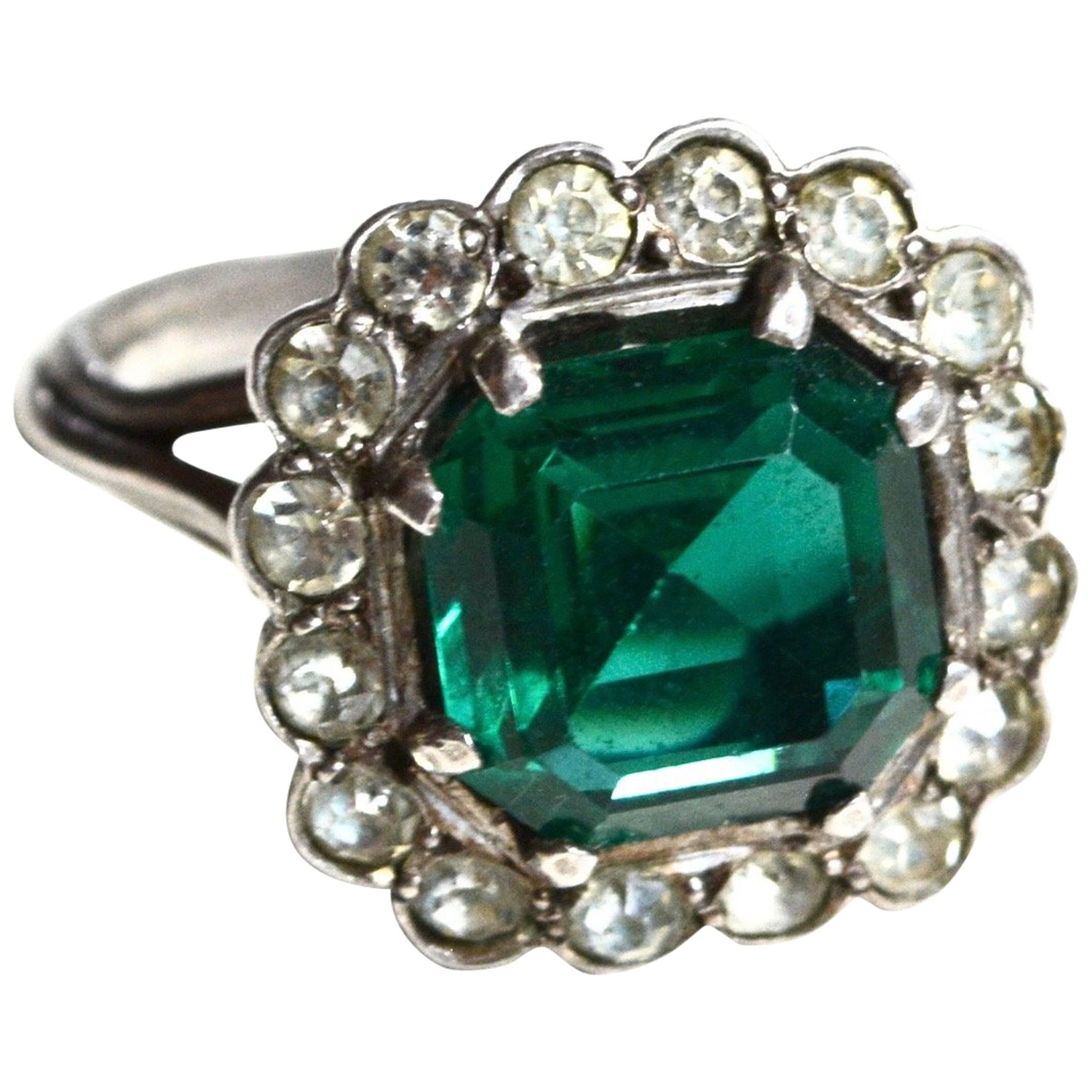 Emerald Glass Sterling French Paste Cocktail Ring
