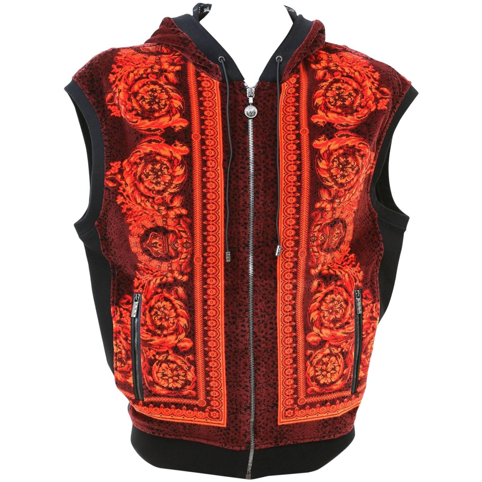 Versace Baroque Printed Velvet Sleeveless Hooded Jacket