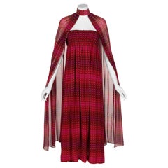 1970s  Pauline Trigère Red Print Strapless Dress & Cape Set