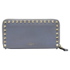 Valentino Rockstud Leather Ziparound Organizer Wallet in Light Blue