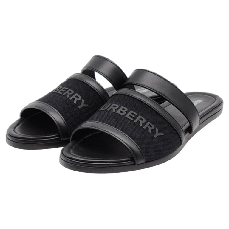 Burberry Honour Canvas and Leather Flat Sandals in Black For Sale