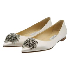 Jimmy Choo Love Embellished Satin Flat Ballerina Shoes in White