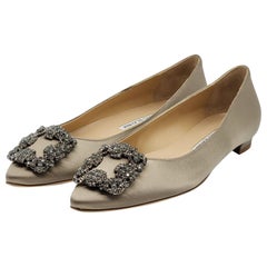 Manolo Blahnik Hangisiflat Jewell Buckle Flat Pumps Satin in Champagne