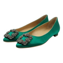 Manolo Blahnik Hangisiflat Jewel Buckle Flat Pumps Satin in Green