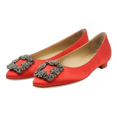 Manolo Blahnik Hangisiflat Jewel Buckle Flat Pumps Satin in Red
