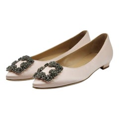 Manolo Blahnik Hangisiflat Jewel Buckle Flat Pumps Satin in Light Pink Size 36