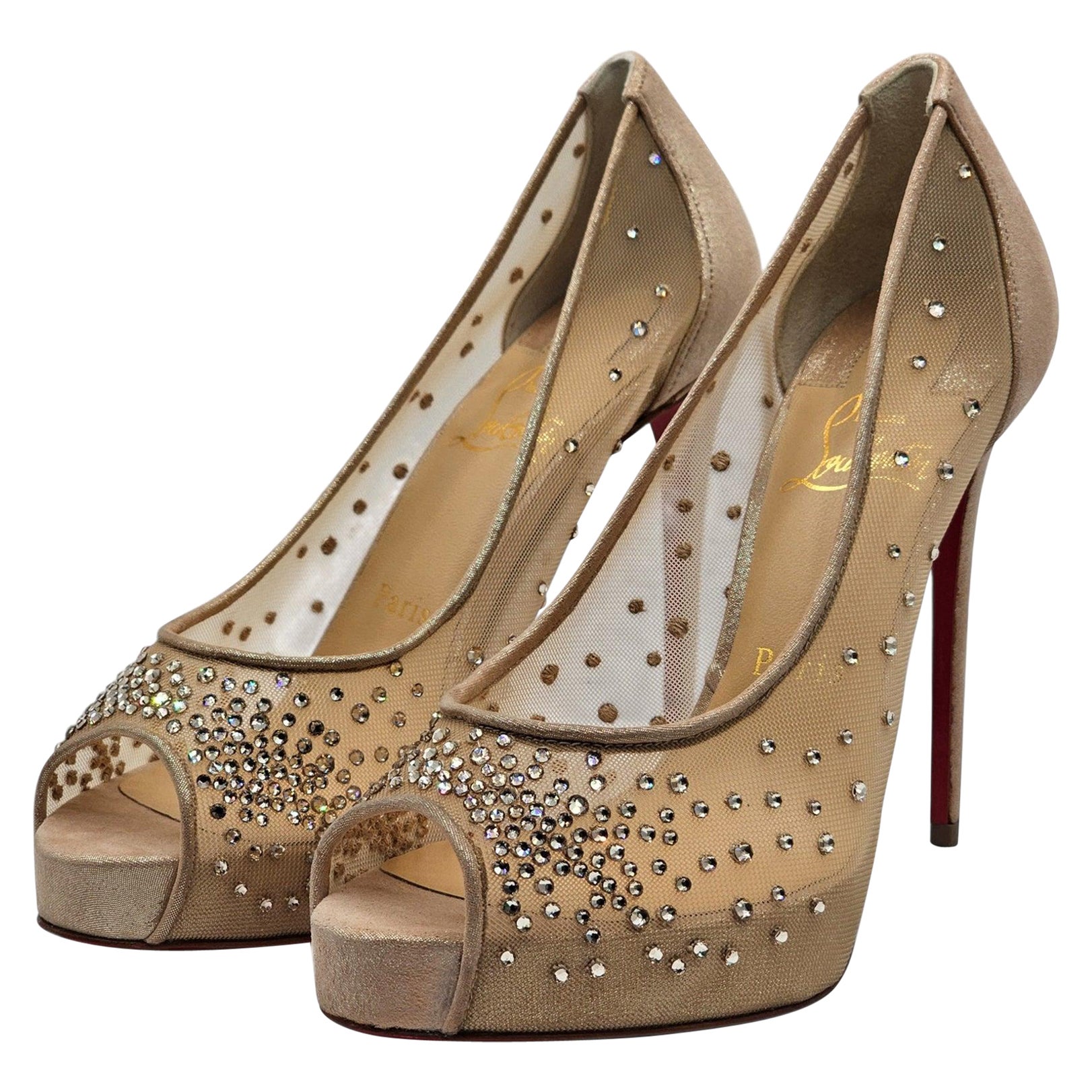 Christian Louboutin Very Strass Peep Pumps Net in Nude For Sale
