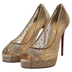 Used Christian Louboutin Very Strass Peep Pumps Net in Nude