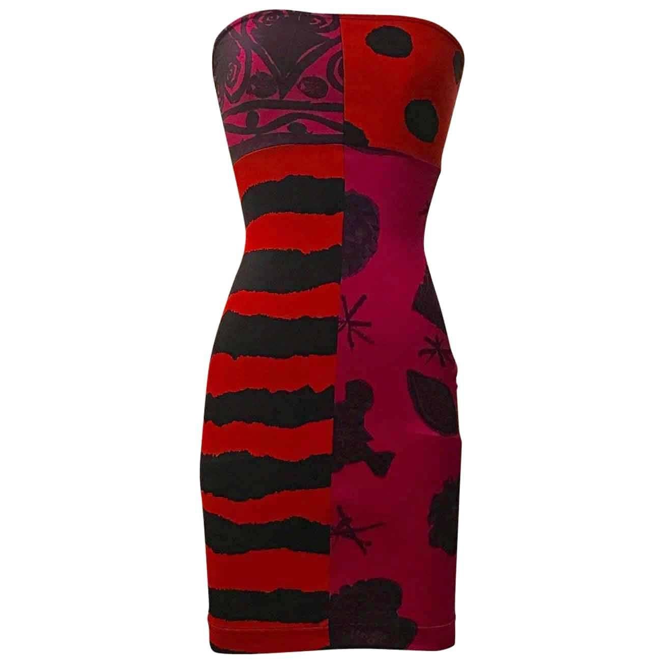 Christian Lacroix Stretchy Red Pink Graffiti Print Color Block Tube Dress, 1990s