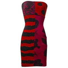 Vintage Christian Lacroix Stretchy Red Pink Graffiti Print Color Block Tube Dress, 1990s