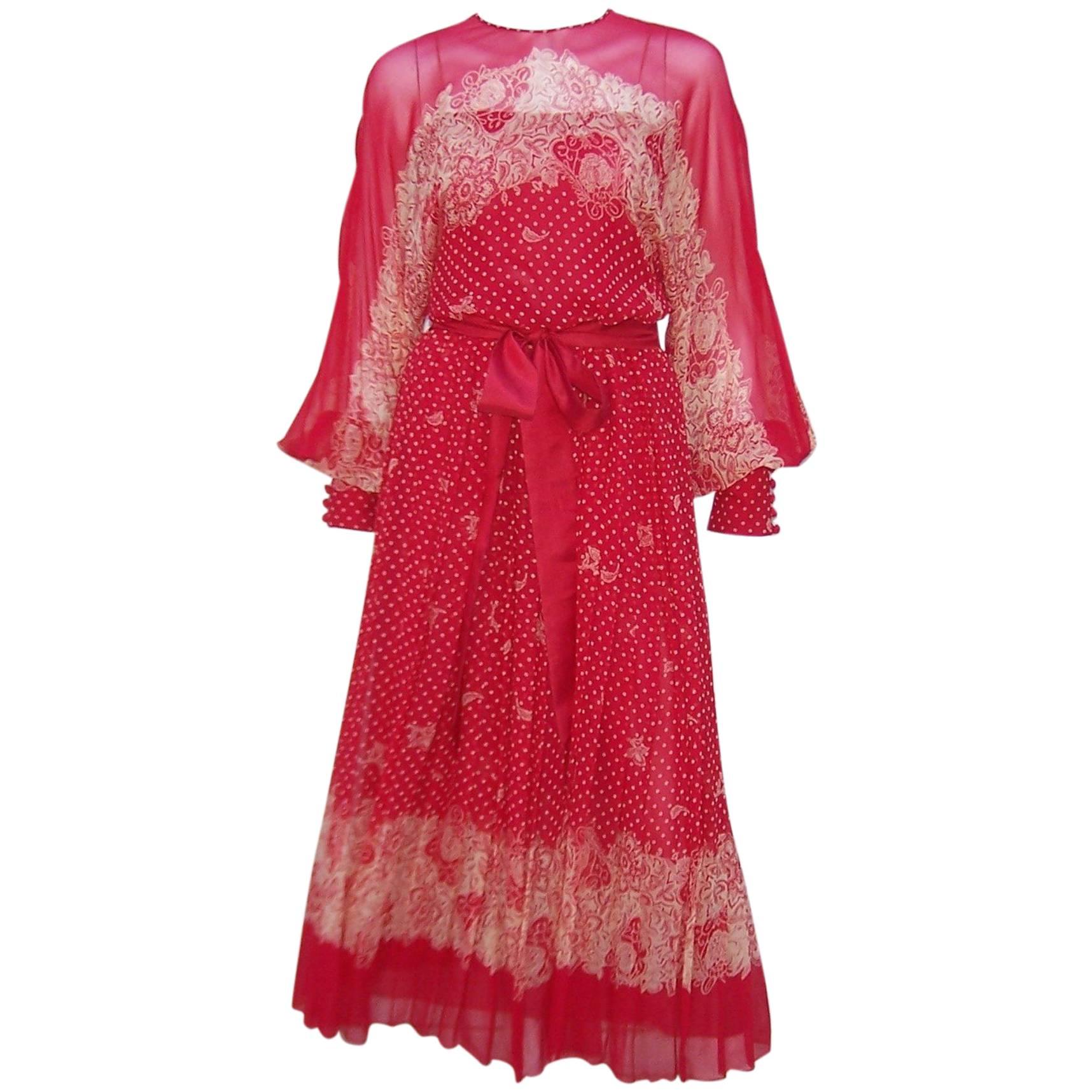 Ethereal 1980's Adele Simpson Sheer Red Silk Chiffon Dress
