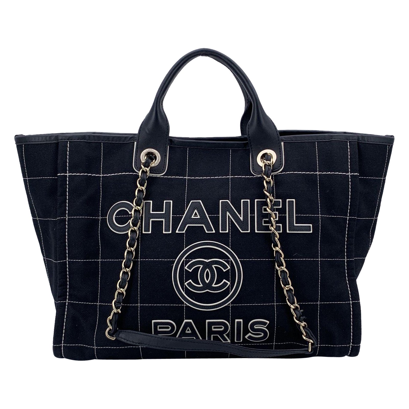 Chanel Black Cotton Square Stitching Deauville Tote Shoulder Bag For Sale