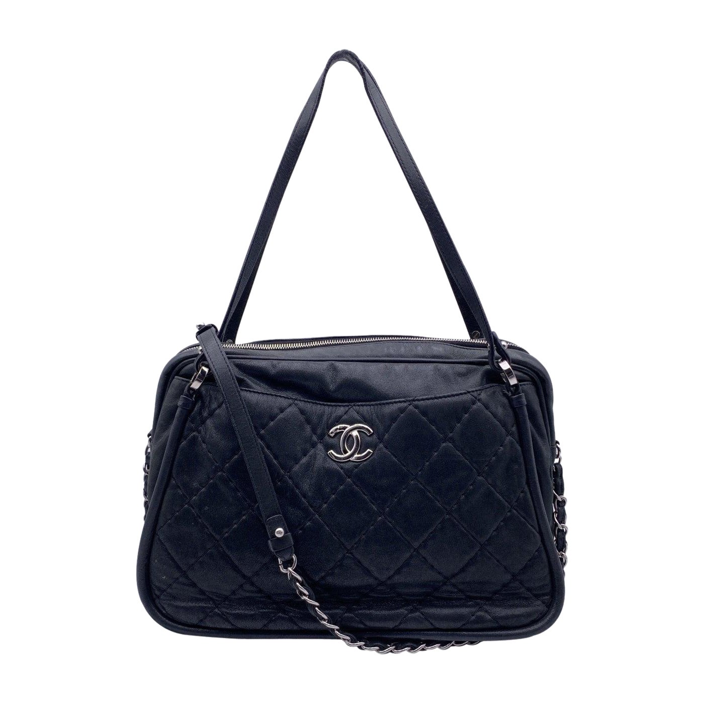 Chanel Black Quilted Leather Relax CC Camera Shoulder Bag For Sale
