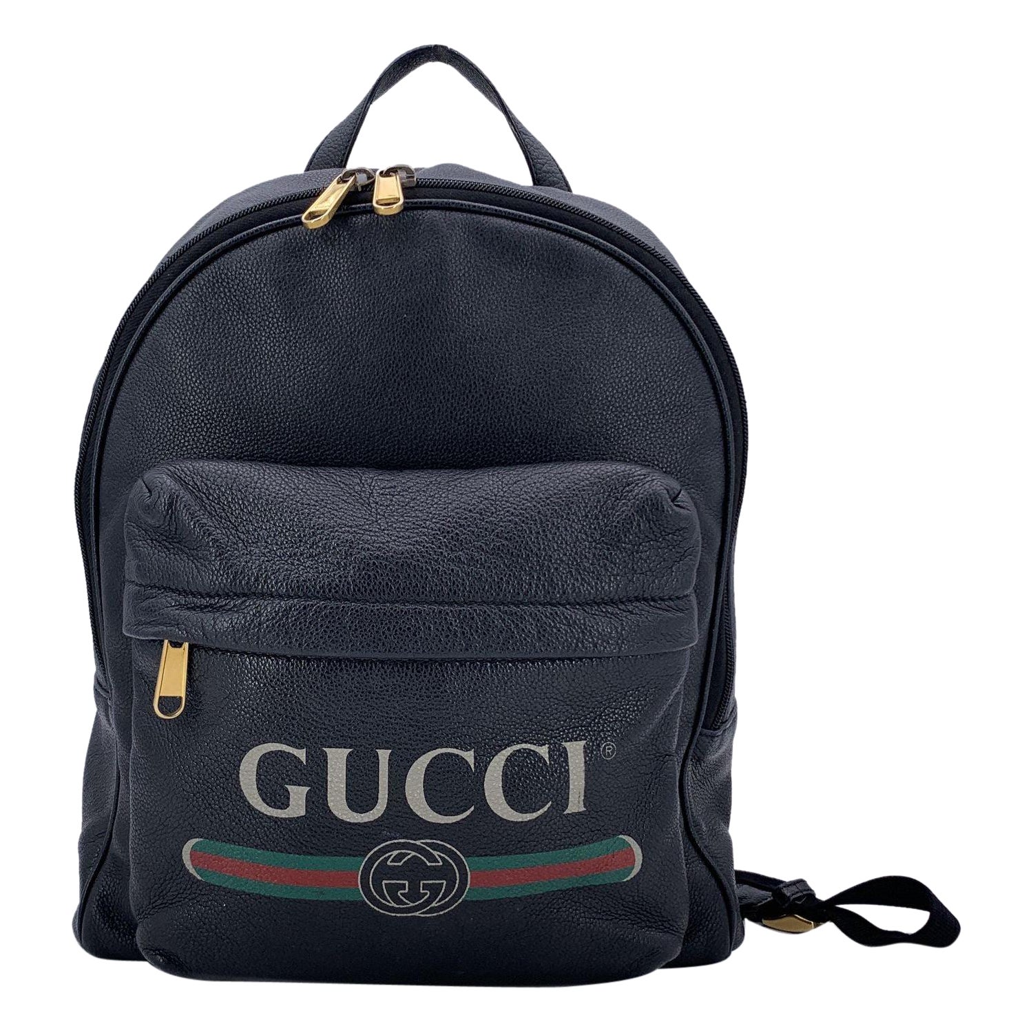 Gucci Black Leather Classic Logo Print Backpack Shoulder Bag For Sale