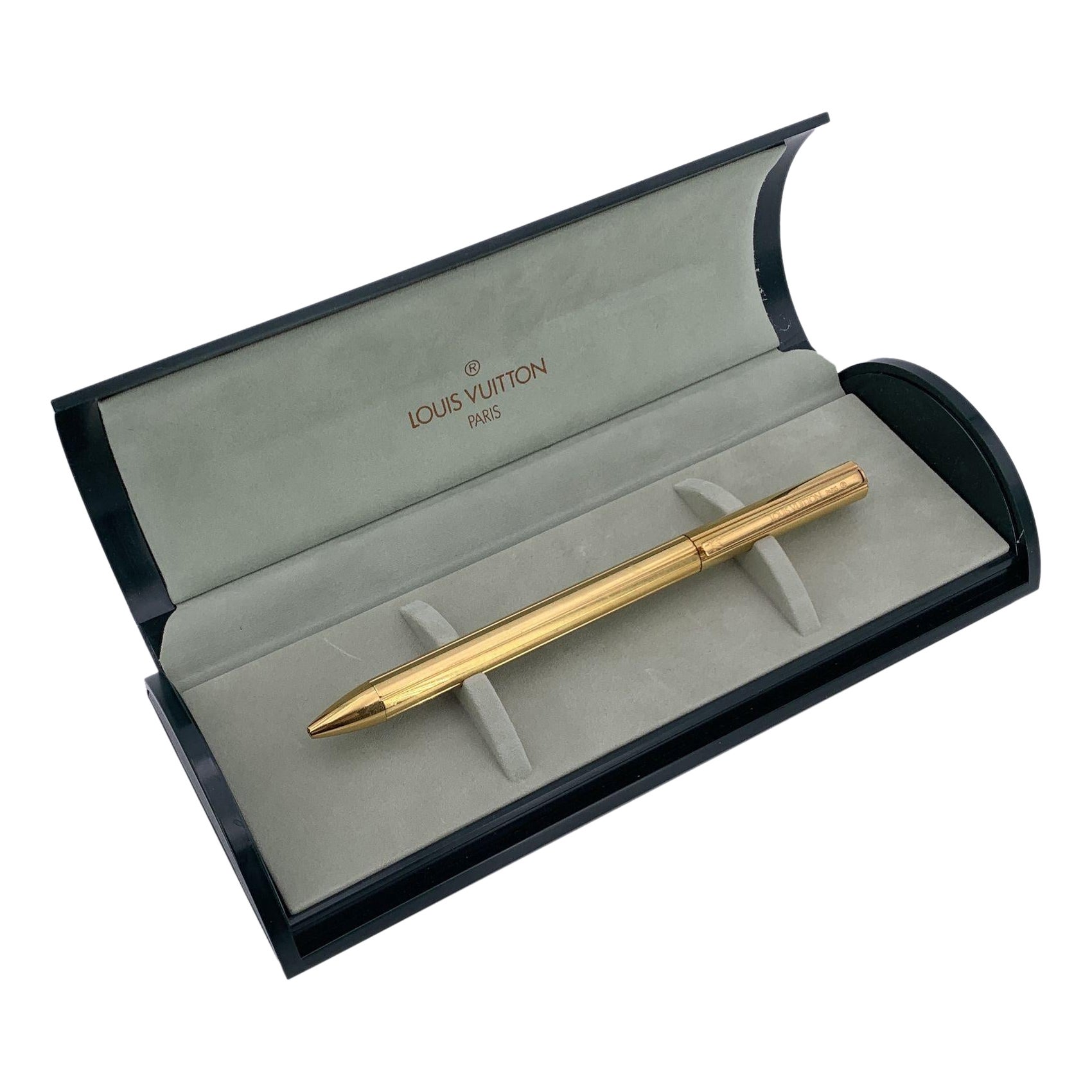 Louis Vuitton Vintage Gold Metal Engraved Ballpoint Pen with Case For Sale