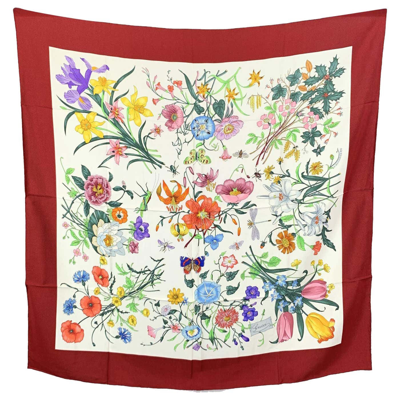 Gucci Vintage Burgundy Floral Silk Scarf Flora 1966 Accornero For Sale gucci-vintage-burgundy-floral-silk-scarf-flora-1966-accornero-for-sale