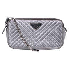 Prada Silver Metal Quilted Leather Diagramme Wallet on Chain Bag