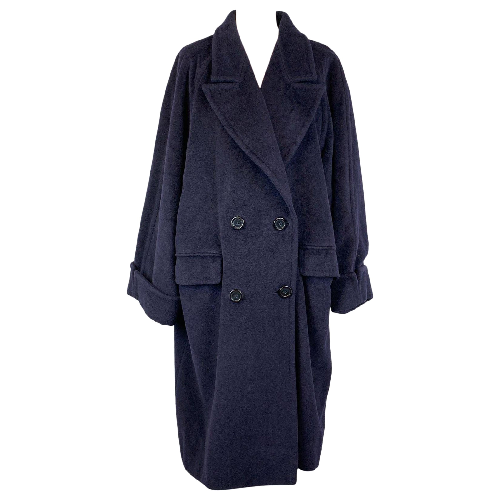 Max Mara Vintage Navy Blue Wool Double Breasted Coat Size 44 IT For Sale