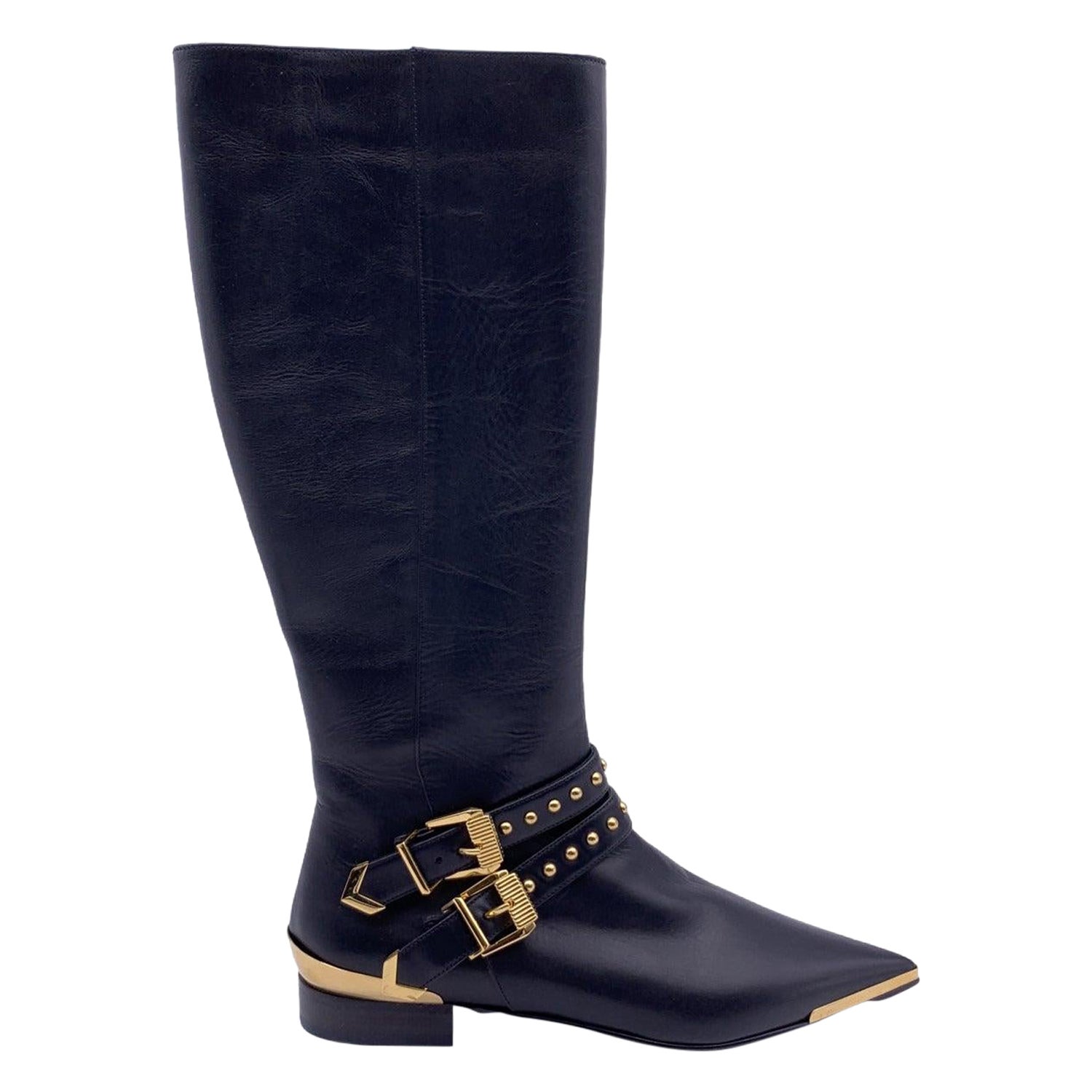 Schwarze Leder-Reiterstiefel von Versace mit goldenen Metallschnallen Größe 36