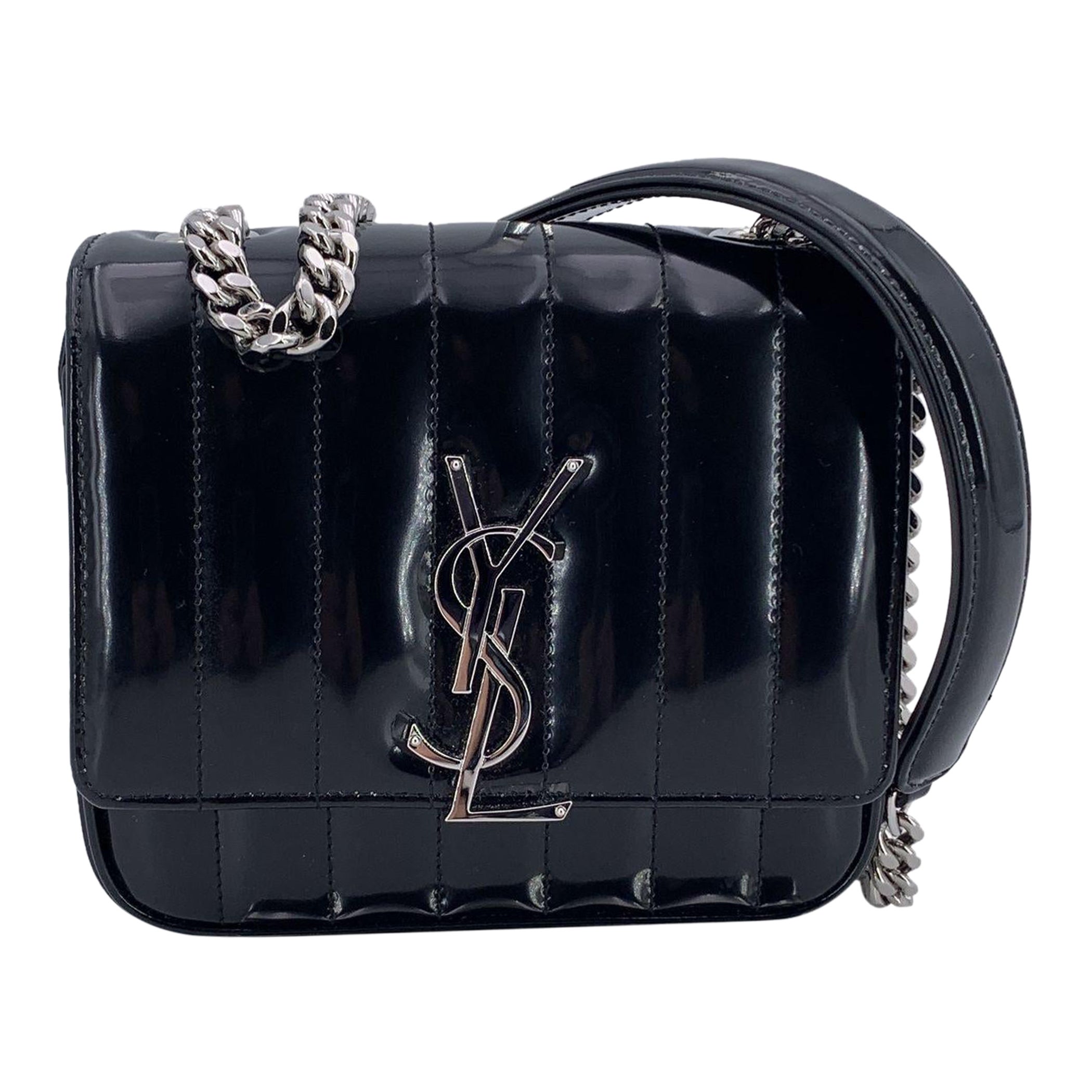 Saint Laurent Black Quilted Patent Leather Small Vicky Crossbody Bag For Sale